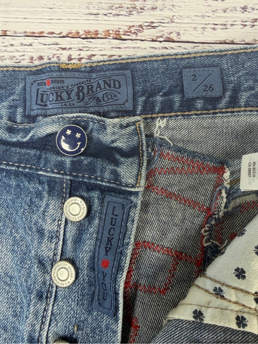Lucky Brand Distressed Denim Shorts with Smiley Patch - Blue - Picture 4 of 8